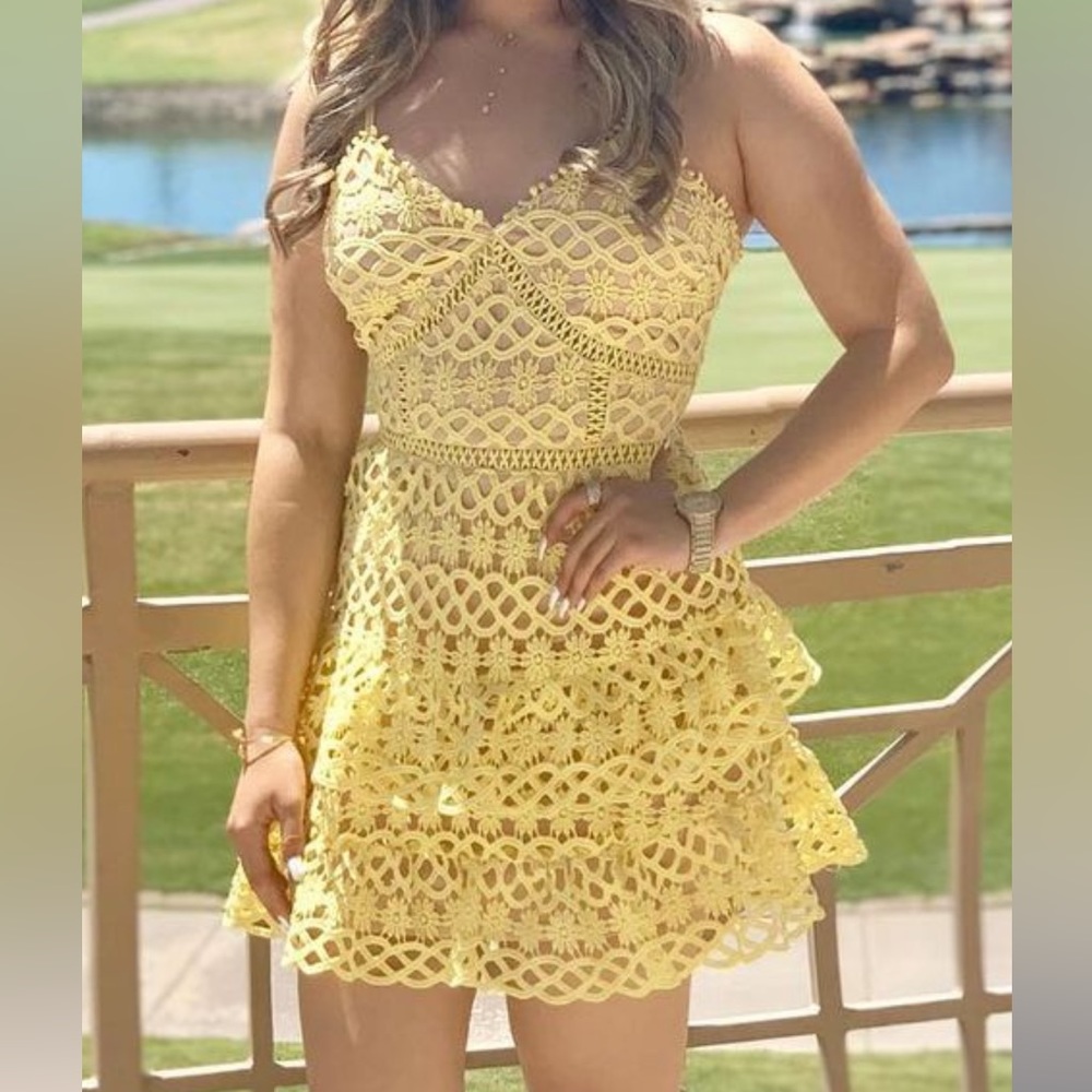 Yellow lace mini dress